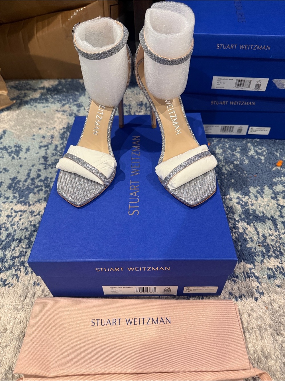 Stuart Weitzman Silver and White Ankle-Strap Stiletto Heels size 8